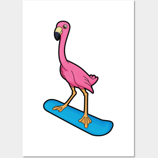 Flamingo as Snowboarder with Snowbaord Posters and Art